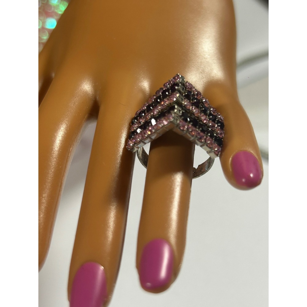 Vintage Y2K Pink Purple Rhinestone Chevron Statement Ring Adjustable Cyber Bling